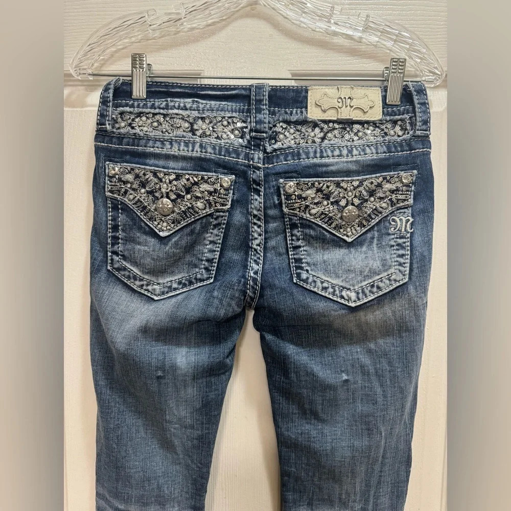 Miss Me Signature Straight Stretch Cuffed Jean Low Rise Size 25 Bling Pockets - Picture 3 of 12
